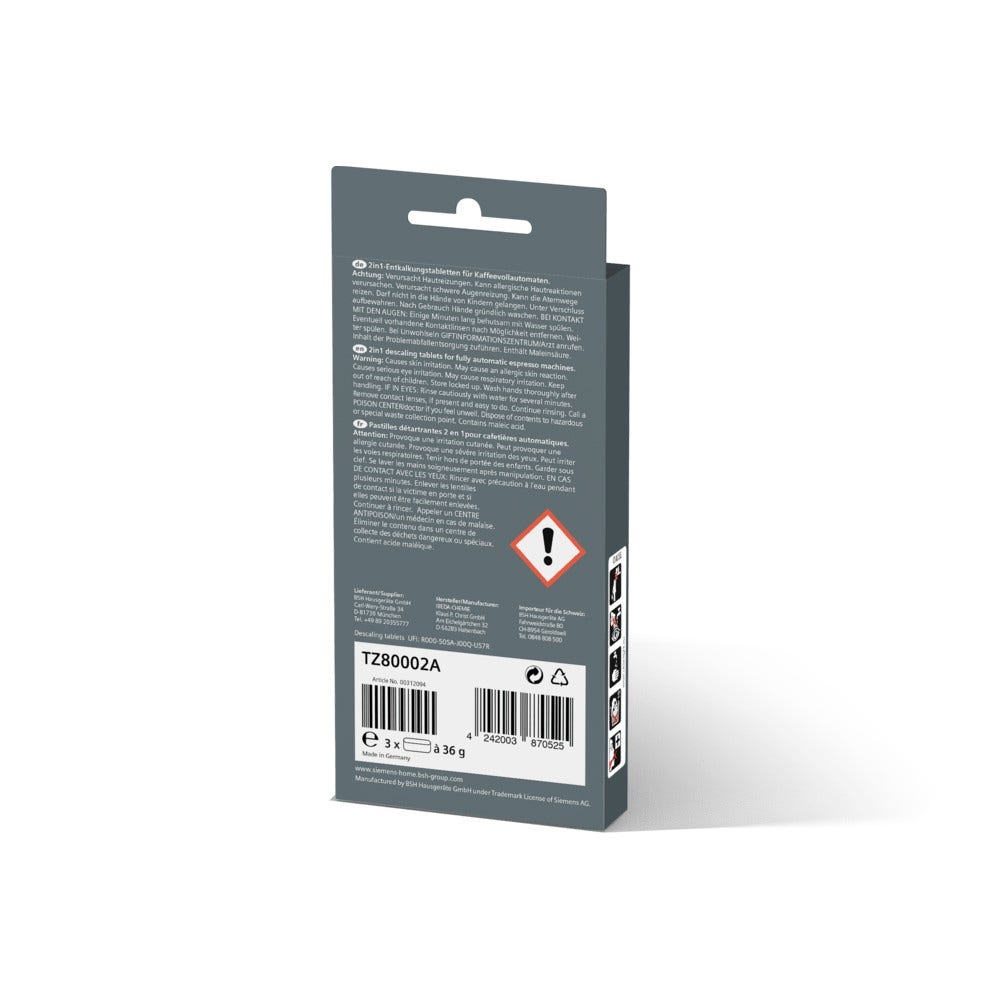Siemens EQ. Series afkalkningstabletter 2-i-1 00312094 / TZ80002A / 00576693 (3 stk.)