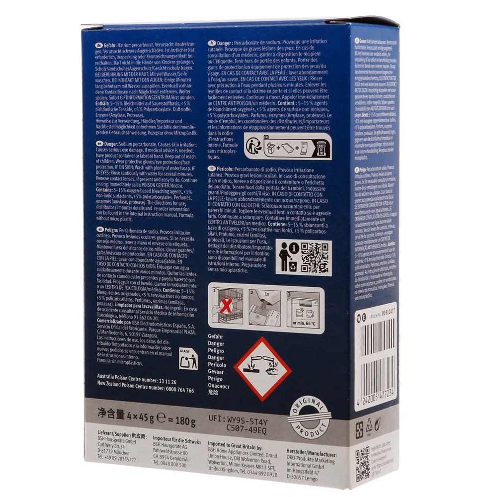 Bosch / Siemens rengøringsmiddel til opvaskemaskine 00312477 (4 x 45 g)
