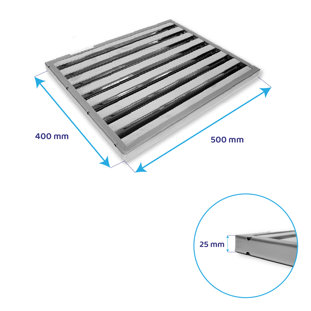 Lamelfilter 500 x 400 x 25 mm (type B) til storkøkken-emhætte