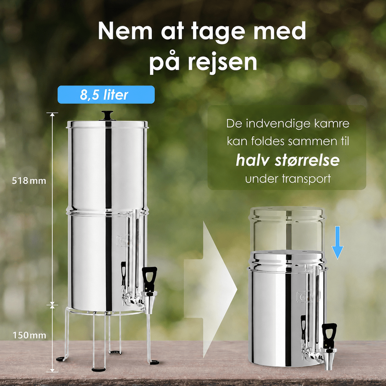 Tyngdekraft vandfiltersystem i rustfrit stål (8,5 l) inkl. 2 kulfiltre og 2 fluorfiltre