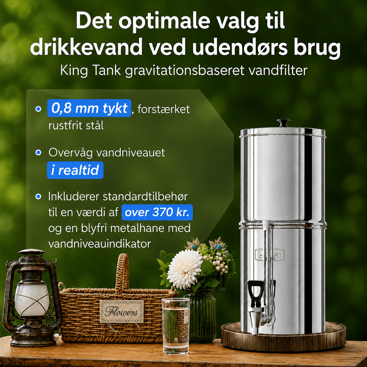 Tyngdekraft vandfiltersystem i rustfrit stål (8,5 l) inkl. 2 kulfiltre og 2 fluorfiltre