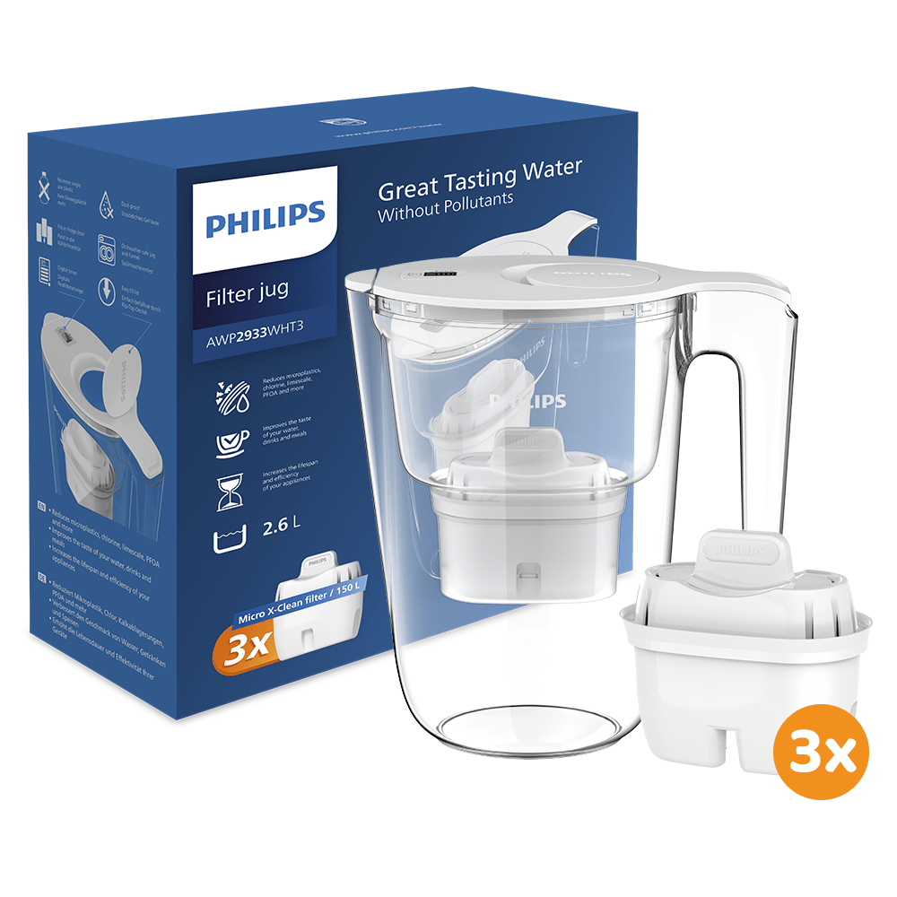 Philips vandfilterkande 2,6 L + 3 Micro X-Clean vandfilter (filtrerer PFAS) AWP2933WHT3