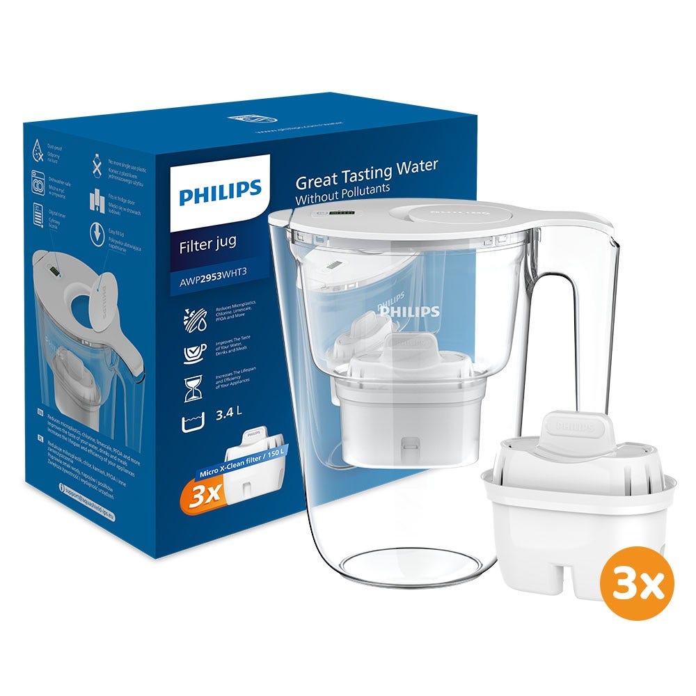 Philips vandfilterkande 3,4 L + 3 Micro X-Clean vandfilter (filtrerer PFAS) AWP2953WHT3